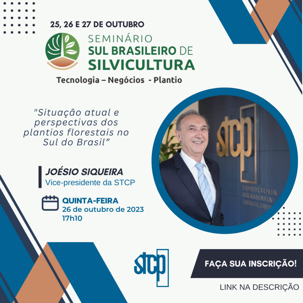 Cartaz de convite para o Seminário Sul Brasileiro de Silvicultura, evidenciando a palestra do vice-presidente da STCP Joésio Siqueira