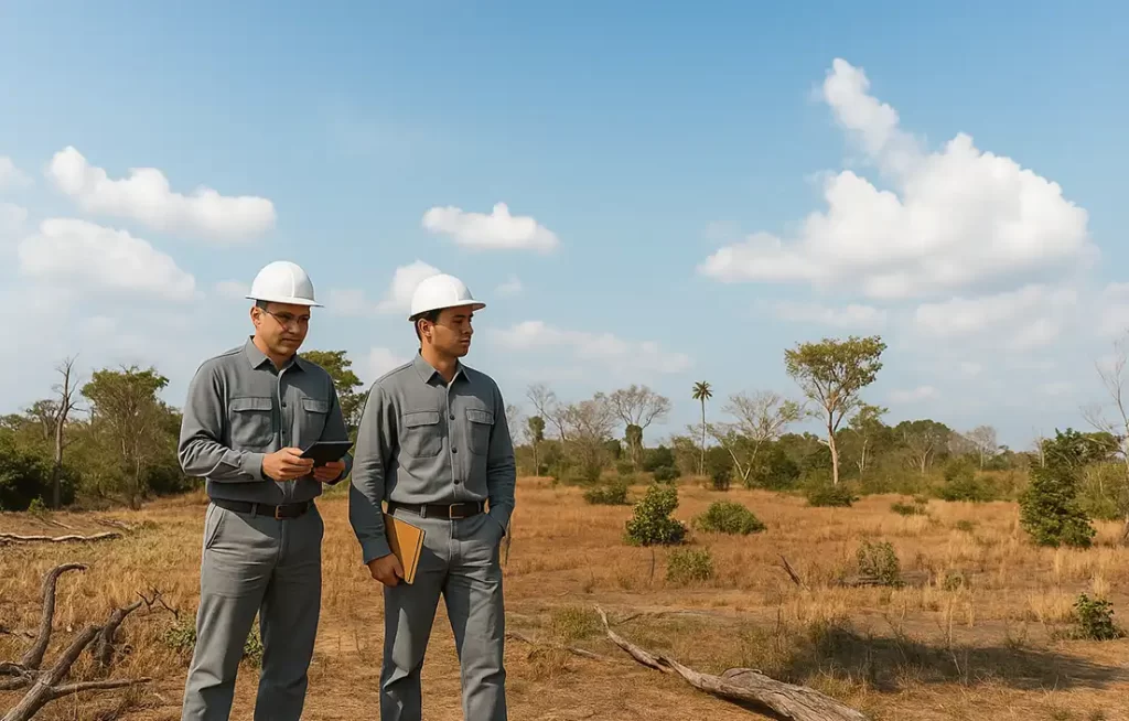 Engenharia ambiental na fazenda: dois engenheiros ambientais com capacetes de segurança analisando o terreno com tablet e caderno em mão, em meio à natureza.